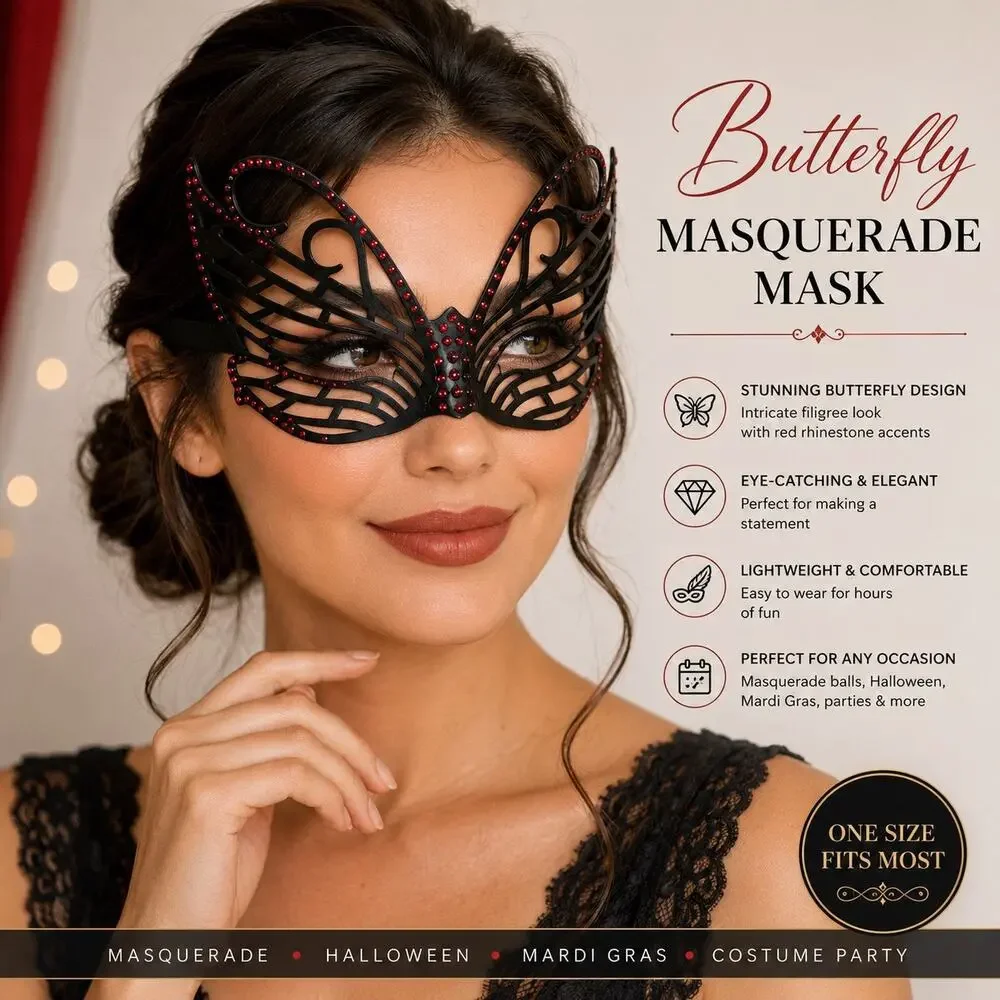 Butterfly Masquerade Mask Black Red Rhinestone Venetian Costume Halloween Party